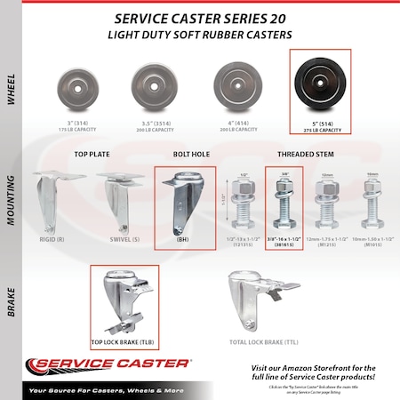 Service Caster 5 Inch SS Soft Rubber Wheel Swivel 3/8 Inch Threaded Stem Caster with Brake SCC SCC-SSTS20S514-SRS-TLB-381615